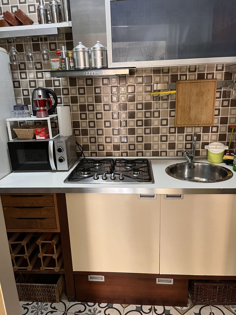 A compact kitchenette with a gas hob, microwave, kettle and a wine rack under the counter.