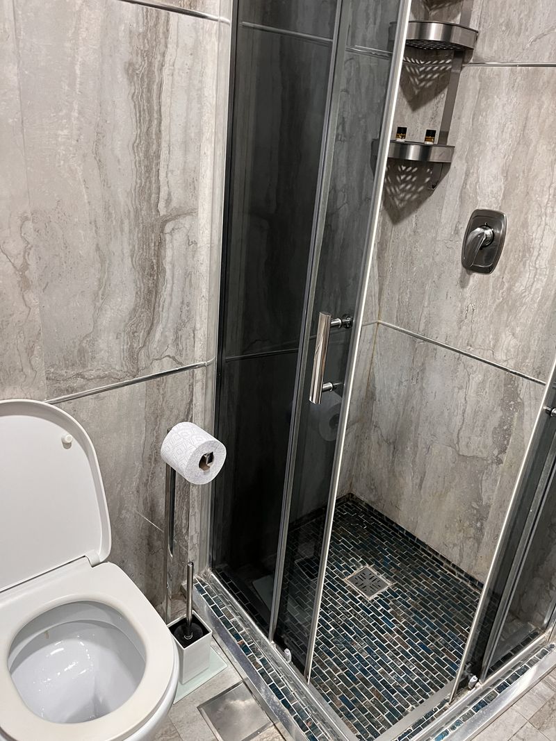 The shower cubicle with its mosaic floor, still gleaming from the renovation.