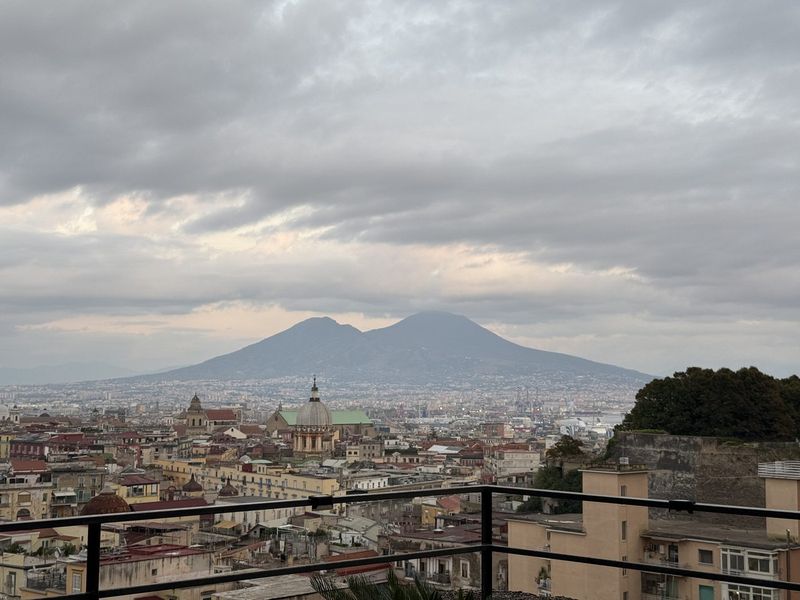 Back to Bruno’s in our first Uber ride ever, and the view from the terrace with Vesuvius in the clouds.