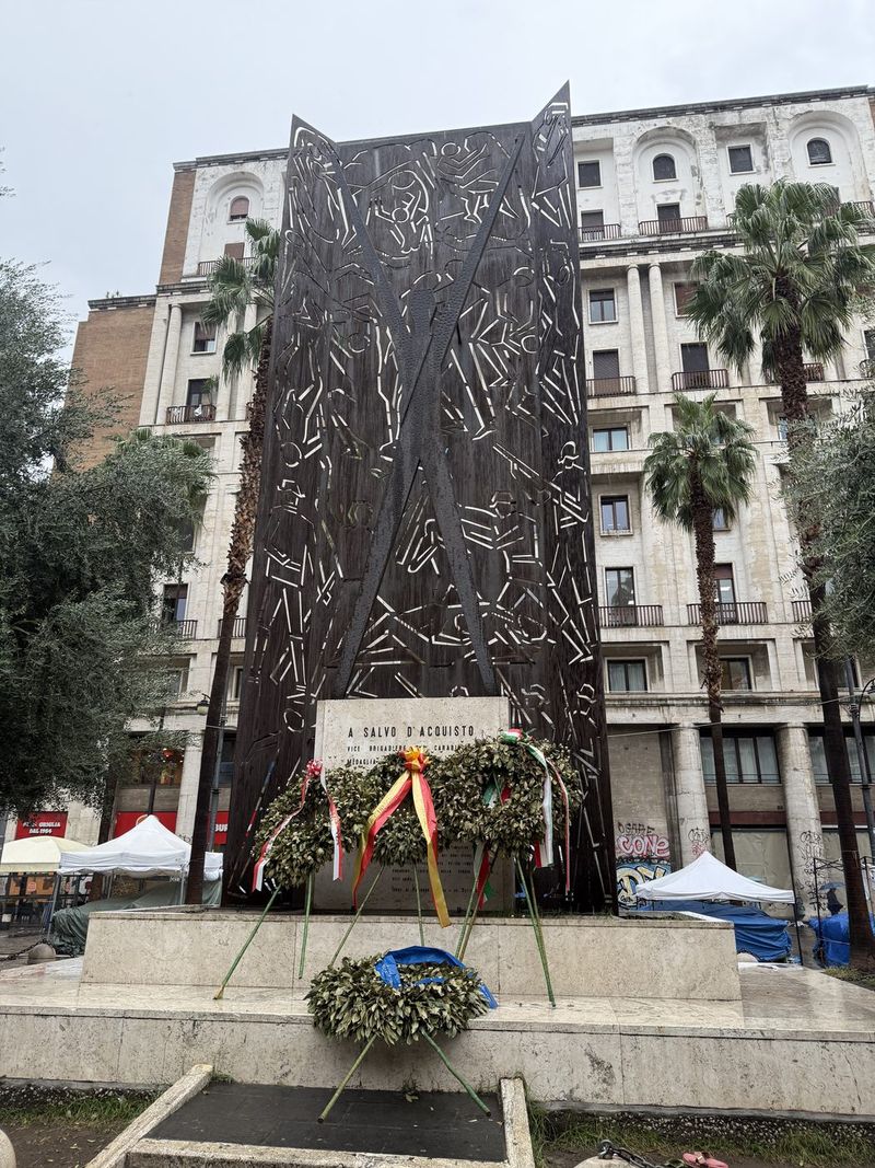 The monument to Salvo D'Acquisto, the carabiniere who gave his life in 1943 to save twenty-two hostages, with fresh wreaths.